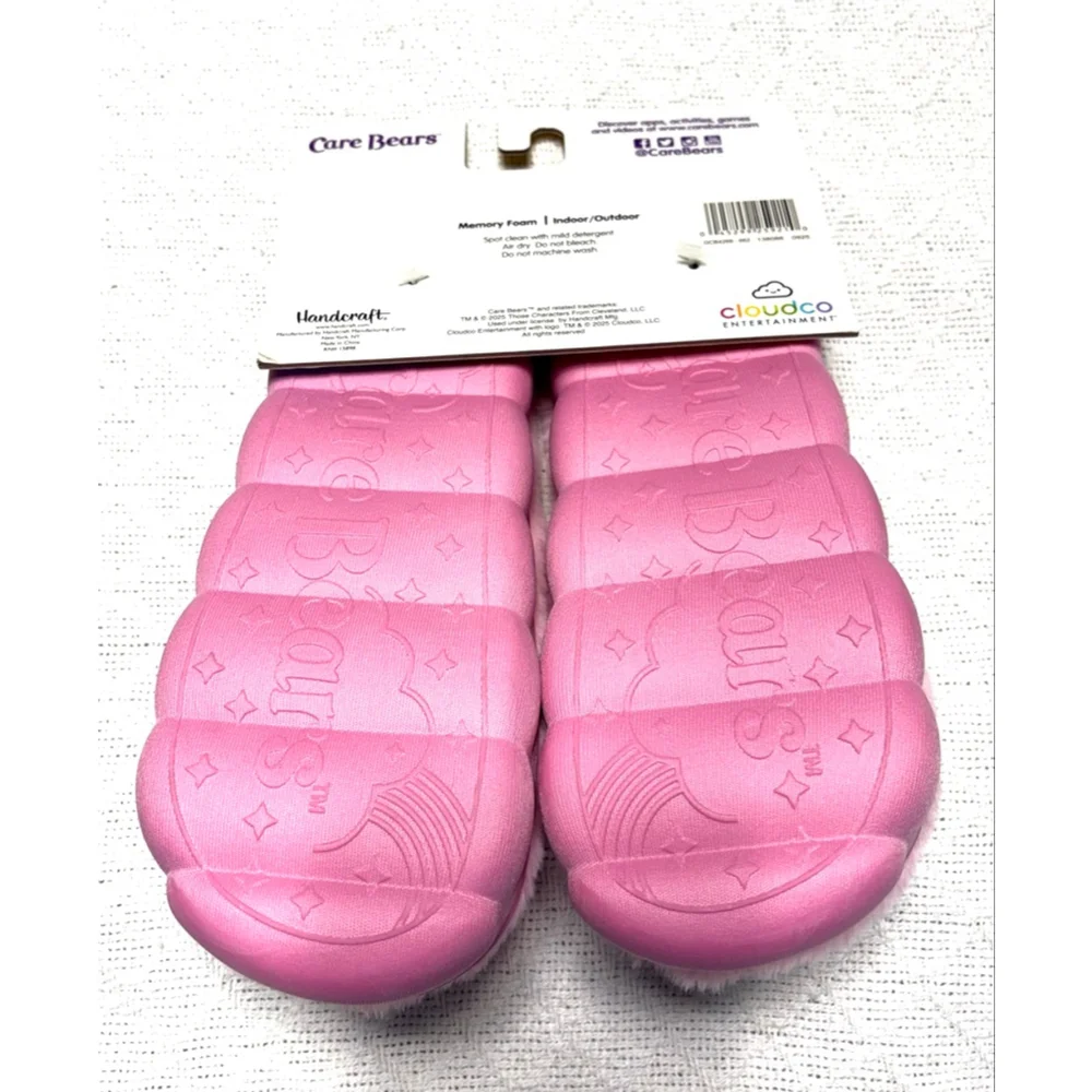 NWT Care Bears Cheer Bear Fuzzy Pink Slippers Kids Size 2/3